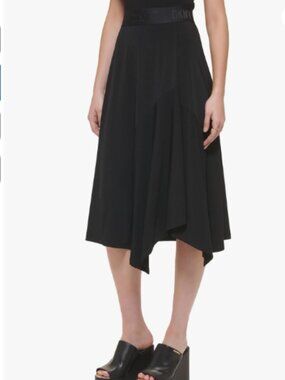 DKNY Asymmetrical Midi Skirt Black Logo Waist Small NWT